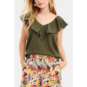 LOFT Women's‎ Green V-Neck Ruffle Flutter Sleeve Blouse Top - Size S